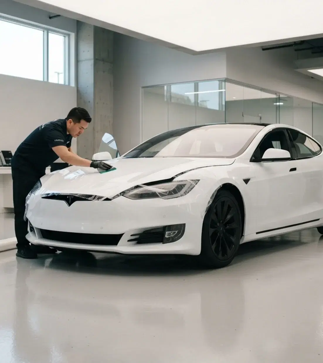 Automotive specialist applying paint protection film to a white Tesla
