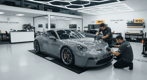 Automotive protection shop servicing a Porsche