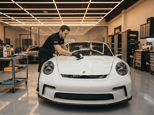 Automotive detailing specialist working on a Porsche in a premium studio